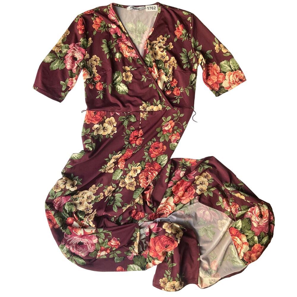 Stillettos Women’s 3/4 Sleeve V-neck Slit Front Floral Maxi Dress size M,Purple